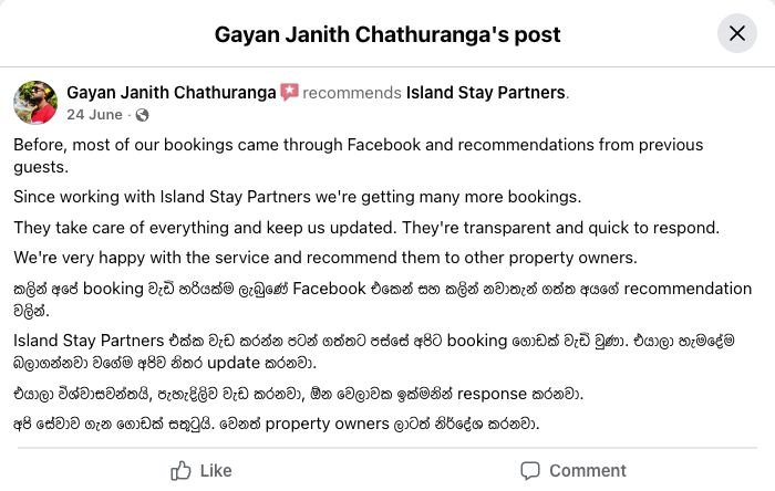 Original Facebook review by Gayan Janith Chathuranga