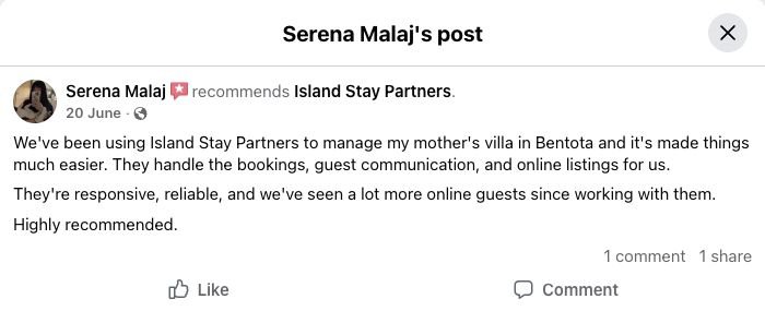 Original Facebook review by Serena Malaj
